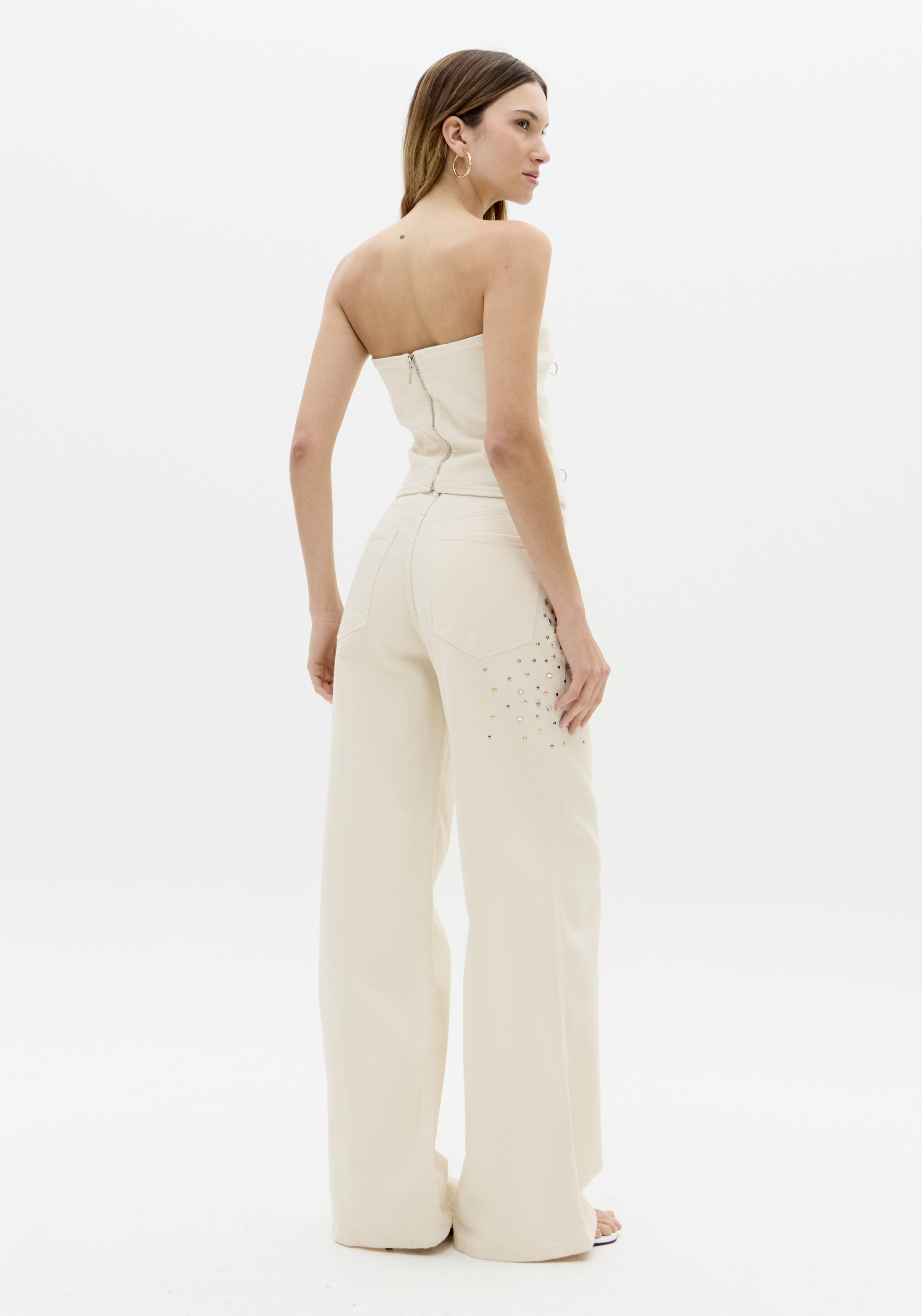 Calças Wide Leg com Strass Bege -  Lança Perfume  2