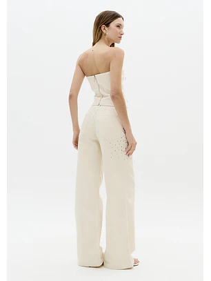 Calças Wide Leg com Strass Bege -  Lança Perfume 