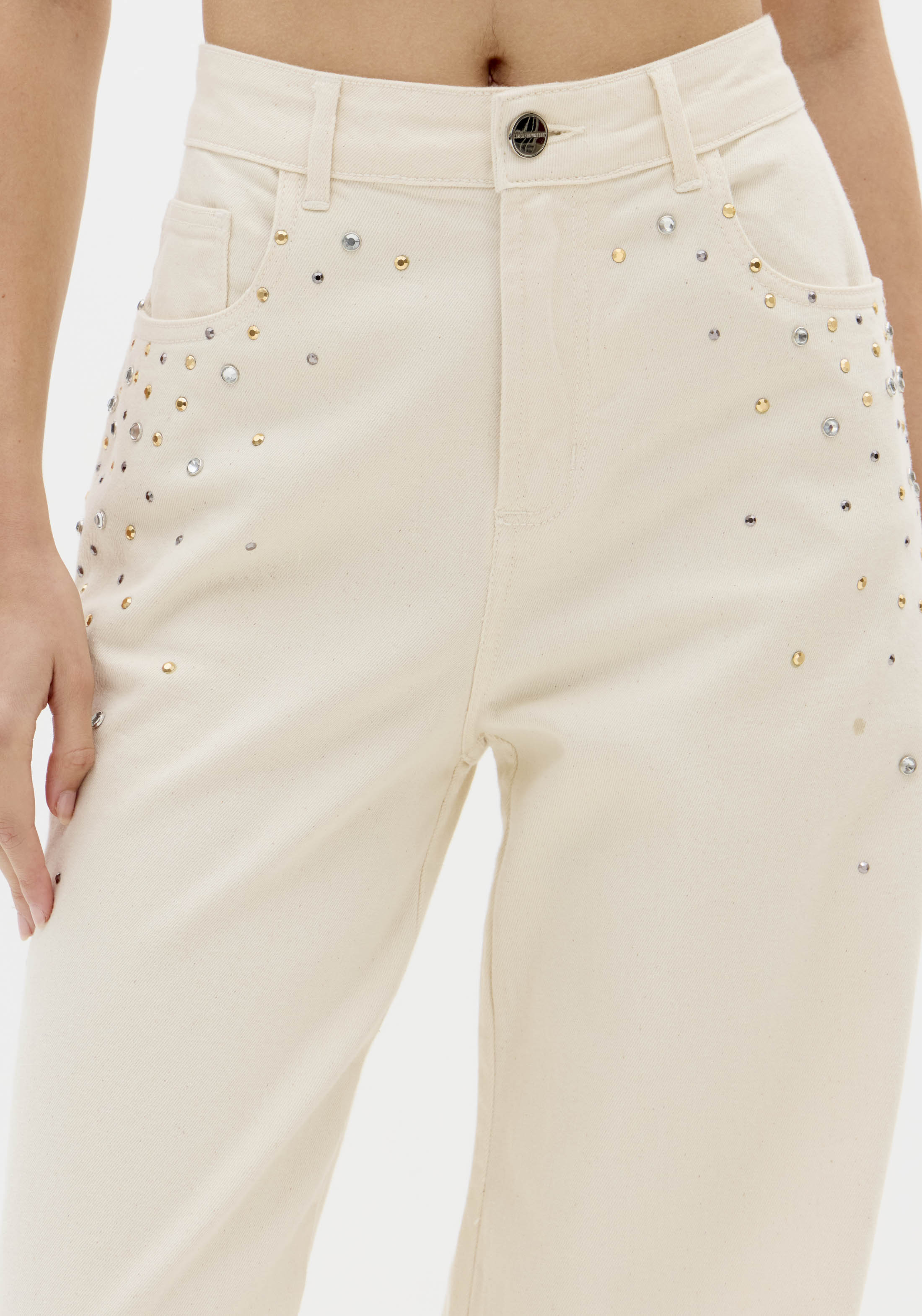 Calças Wide Leg com Strass Bege -  Lança Perfume  5