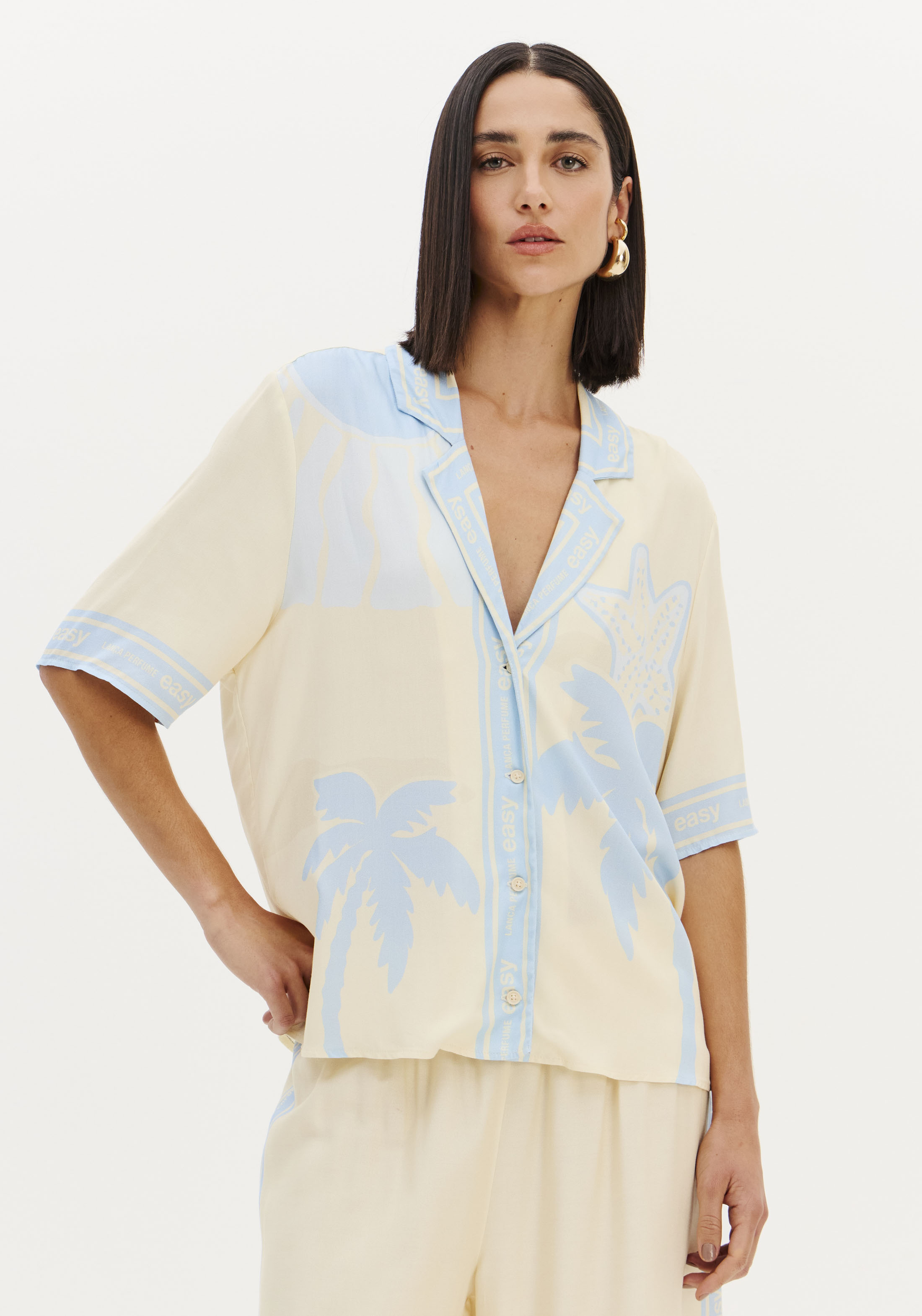 Camisa Manga Curat Bege e Azul - Lança Perfume 1