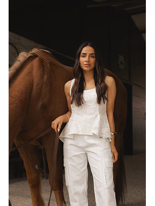 Top Assimétrico Bordado com Lantejoulas Branco - SAHOCO 