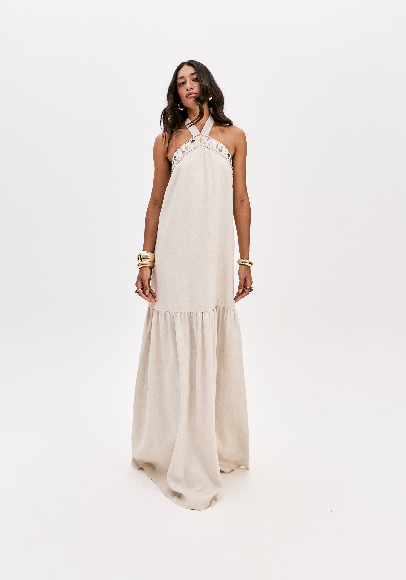 Vestido em Linho Comprido Bege - Lança Perfume  1