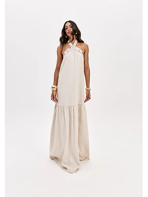 Vestido em Linho Comprido Bege - Lança Perfume 