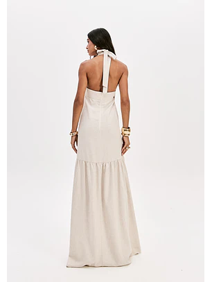 Vestido em Linho Comprido Bege - Lança Perfume 