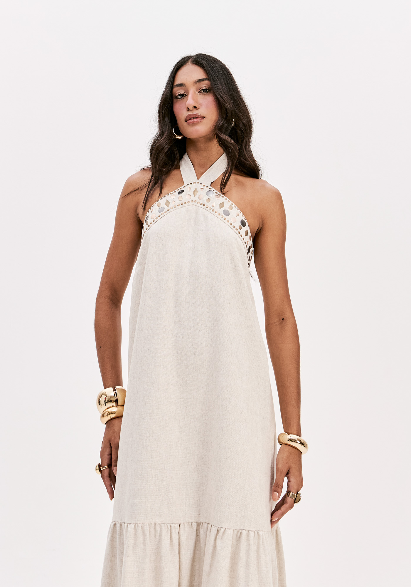 Vestido em Linho Comprido Bege - Lança Perfume  4