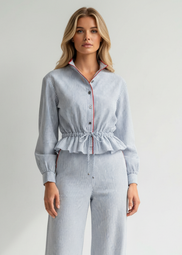 Camisa com Folho Riscas Azul e Branco - SAHOCO  1