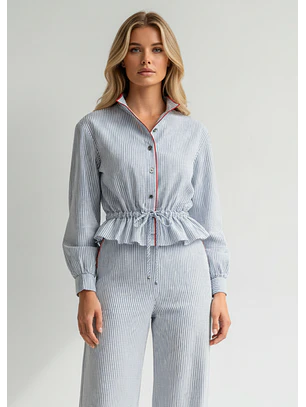 Camisa com Folho Riscas Azul e Branco - SAHOCO 