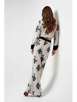 Calças com Riscas e Flores Preto e Branco - SAHOCO