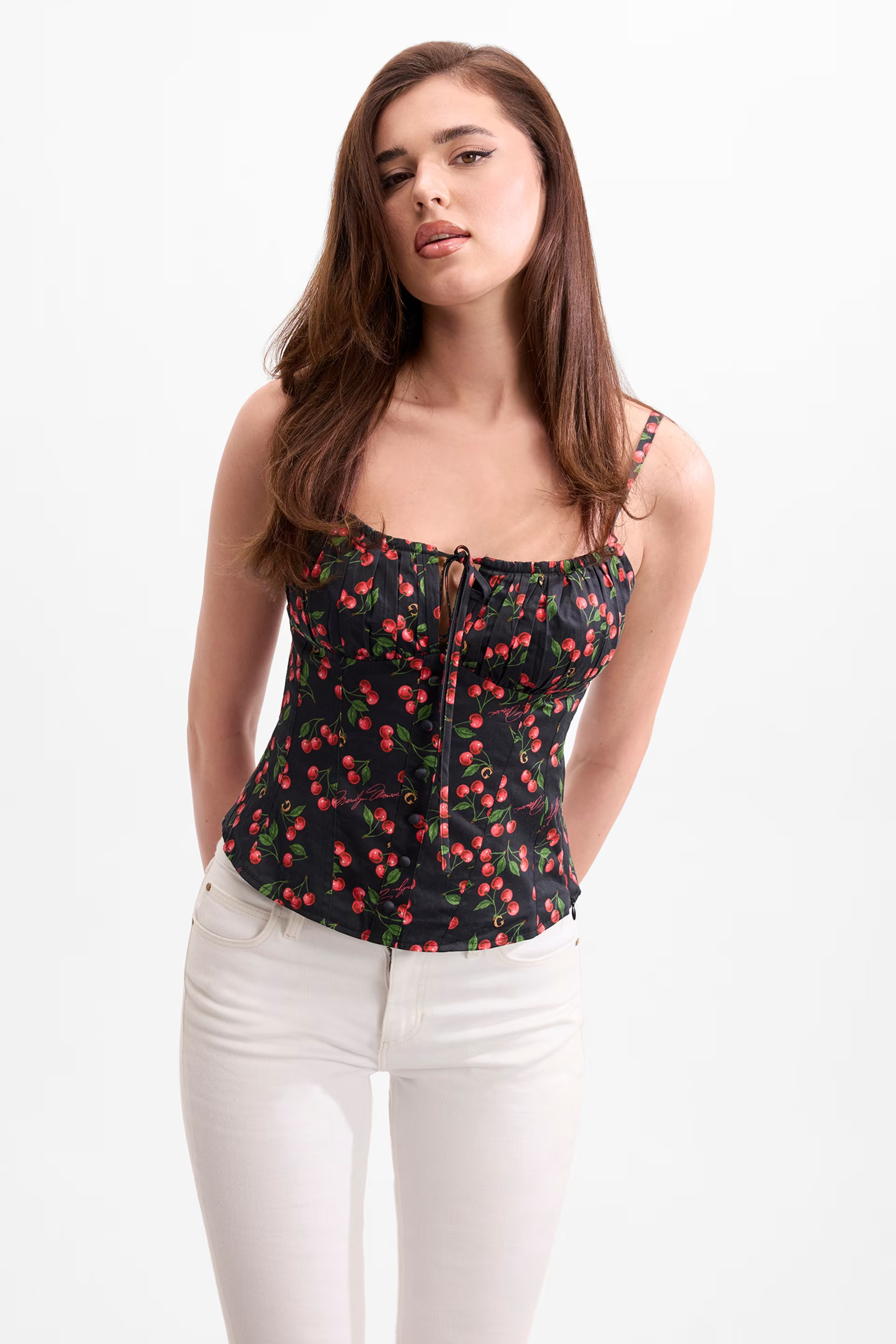 Top Corpete 𝗠𝗔𝗥𝗜𝗟𝗬𝗡 𝗠𝗢𝗡𝗥𝗢𝗘 Cerejas Preto - Guess 2