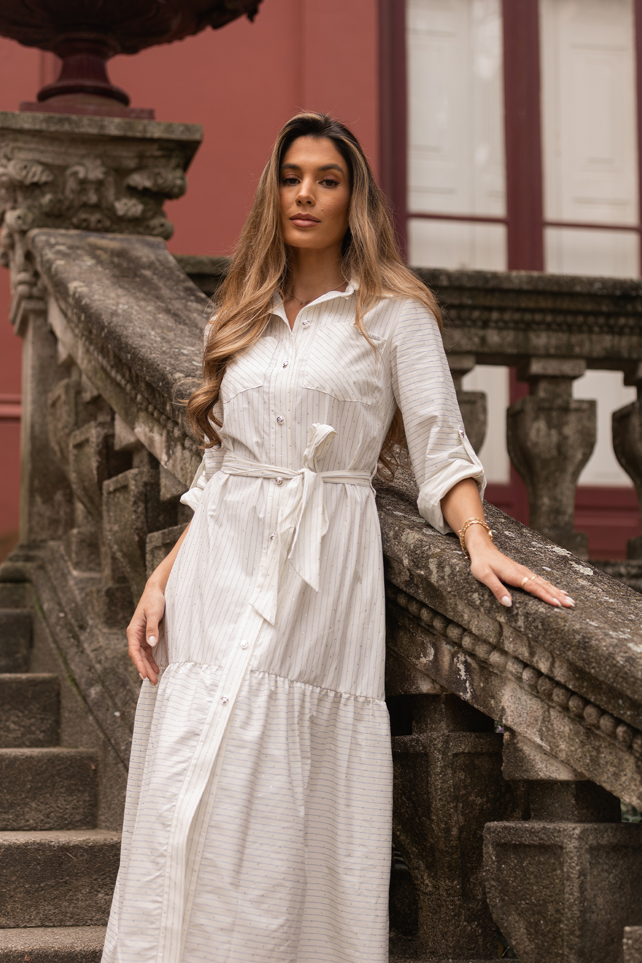 Vestido Comprido Riscas e Brilhos Branco e Azul - SAHOCO  2