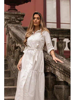 Vestido Comprido Riscas e Brilhos Branco e Azul - SAHOCO 