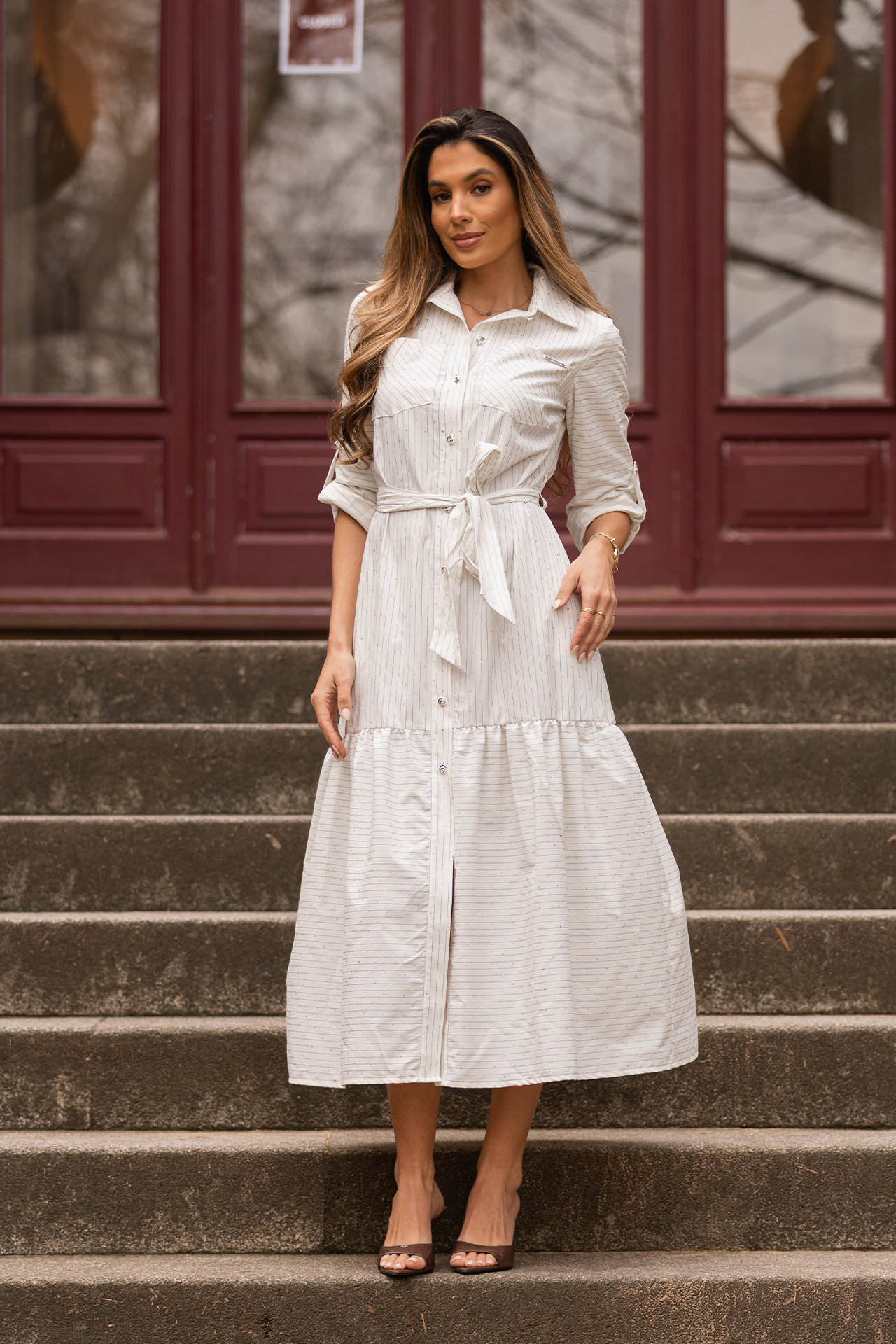 Vestido Comprido Riscas e Brilhos Branco e Azul - SAHOCO  1
