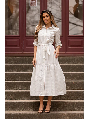 Vestido Comprido Riscas e Brilhos Branco e Azul - SAHOCO 
