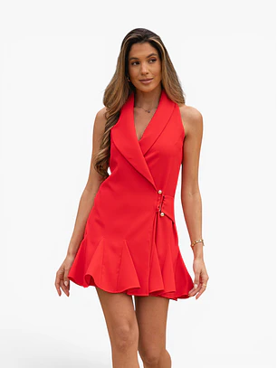 Vestido Curto com Folhos Vermelho - SAHOCO