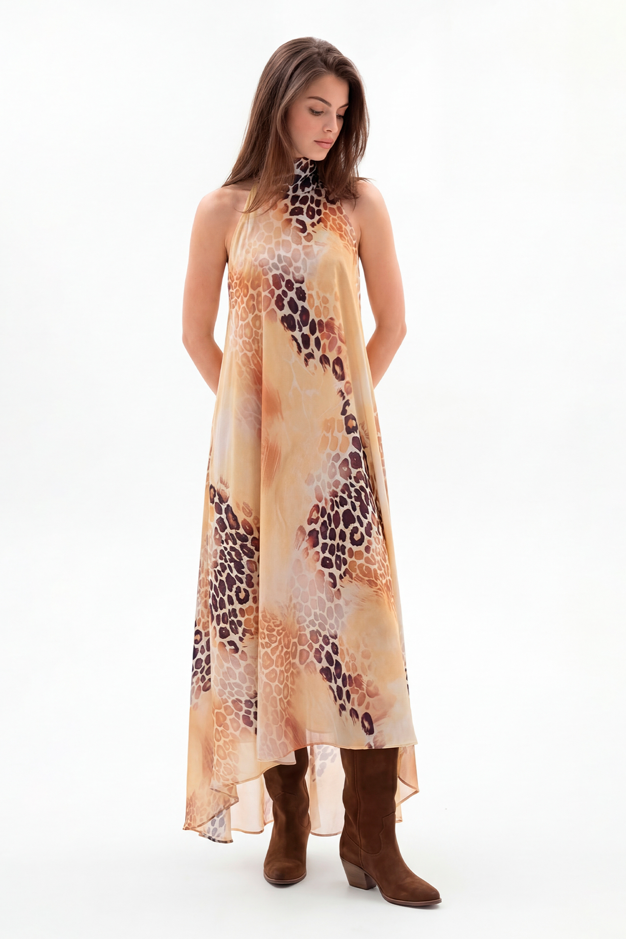 Vestido Halter Acetinado Print Castanho - SAHOCO 1