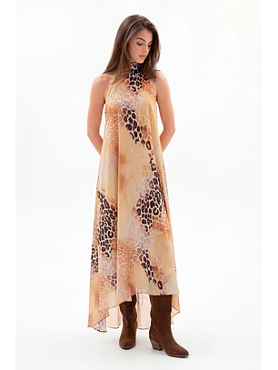 Vestido Halter Acetinado Print Castanho - SAHOCO