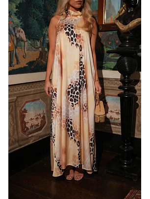 Vestido Halter Acetinado Print Castanho - SAHOCO