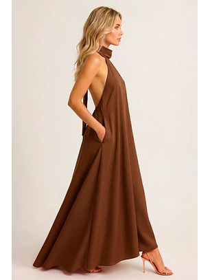 Vestido Halter Acetinado Castanho - SAHOCO
