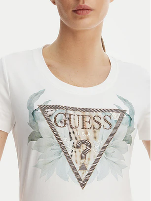 T-shirt Triângulo Flores Verde Branco - Guess 