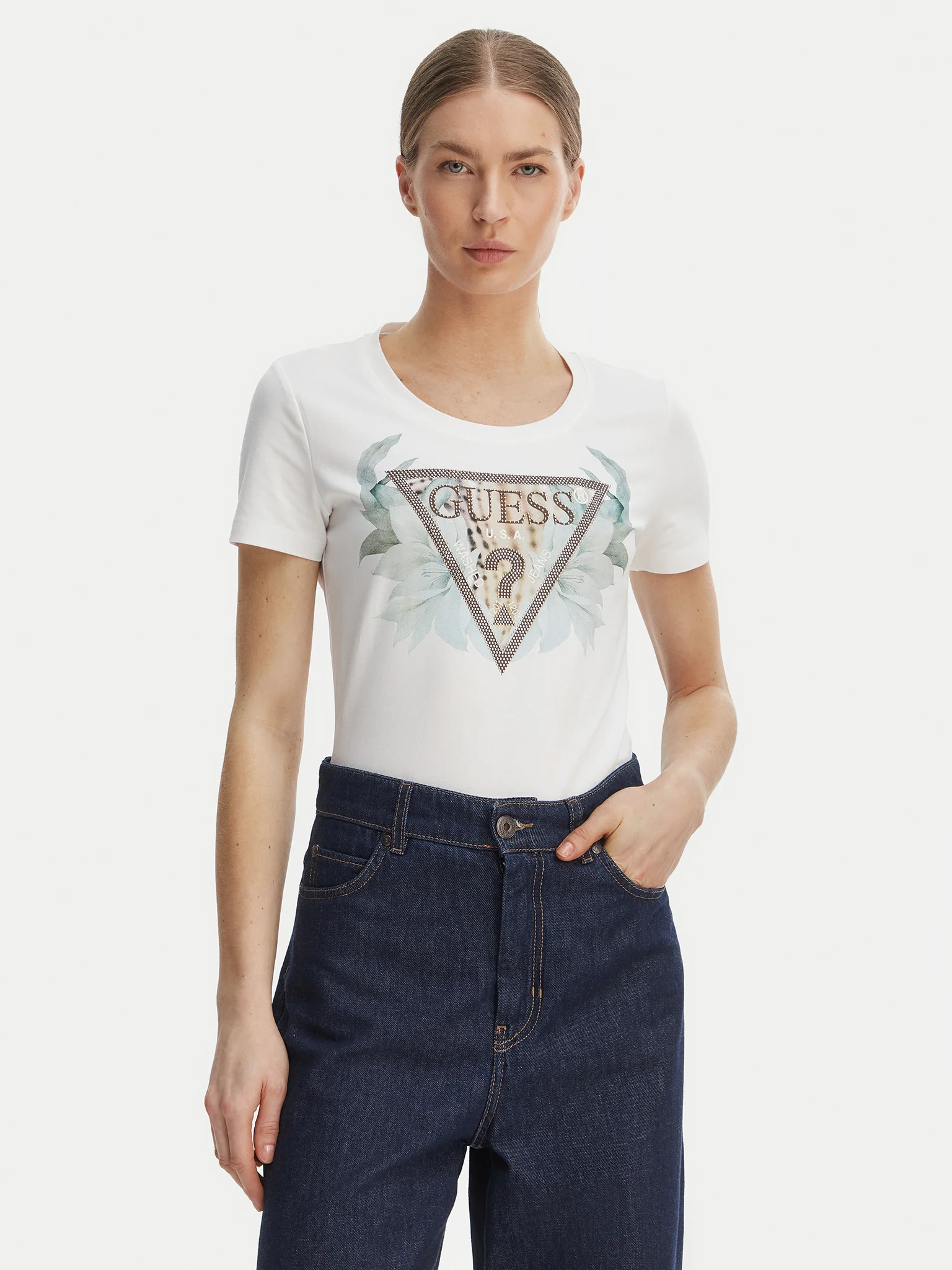 T-shirt Triângulo Flores Verde Branco - Guess  1