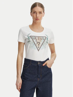 T-shirt Triângulo Flores Verde Branco - Guess 