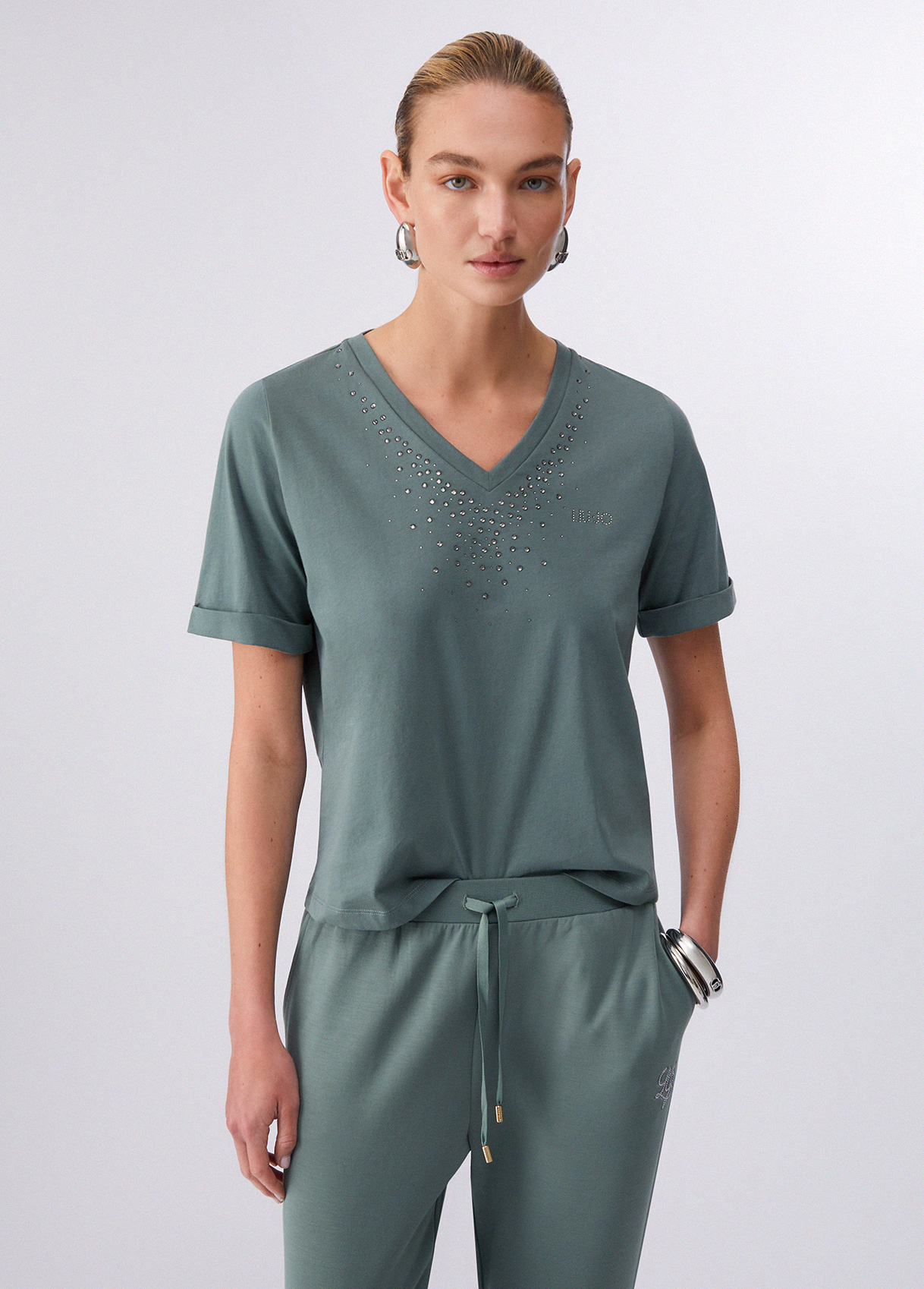 T-shirt Decote em V Strass Verde - LIU JO  1