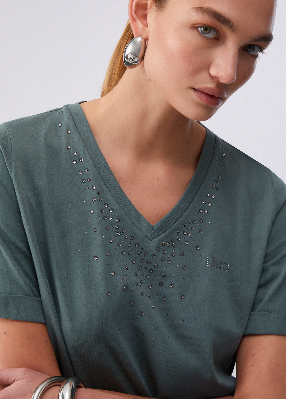 T-shirt Decote em V Strass Verde - LIU JO  3