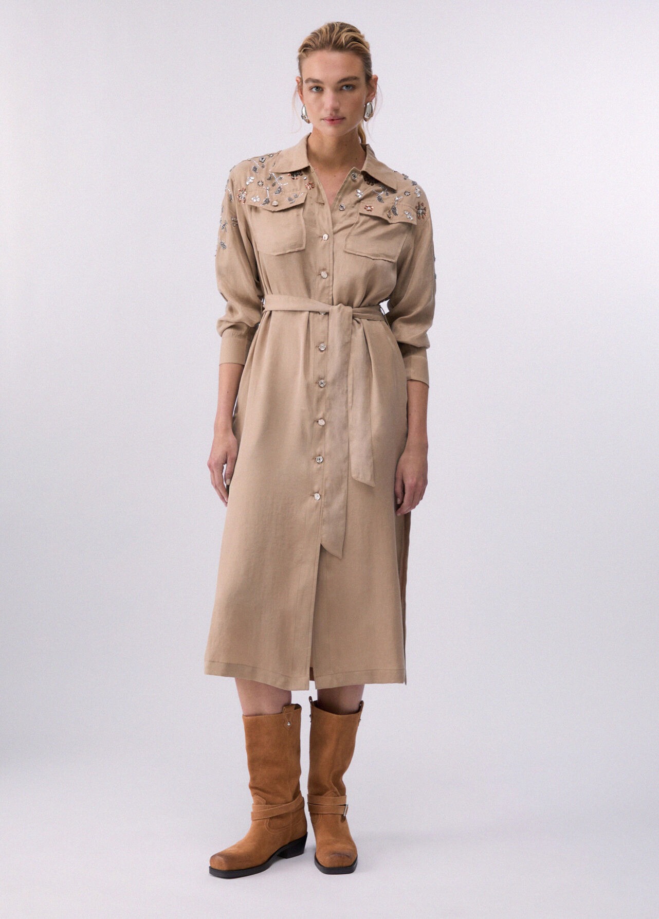 Vestido Camiseiro Comprido com Strass Bege - LIU JO 1