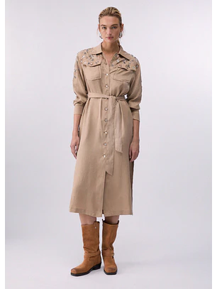 Vestido Camiseiro Comprido com Strass Bege - LIU JO