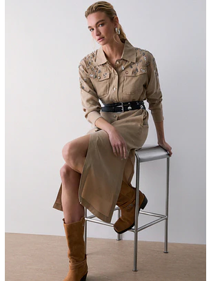 Vestido Camiseiro Comprido com Strass Bege - LIU JO