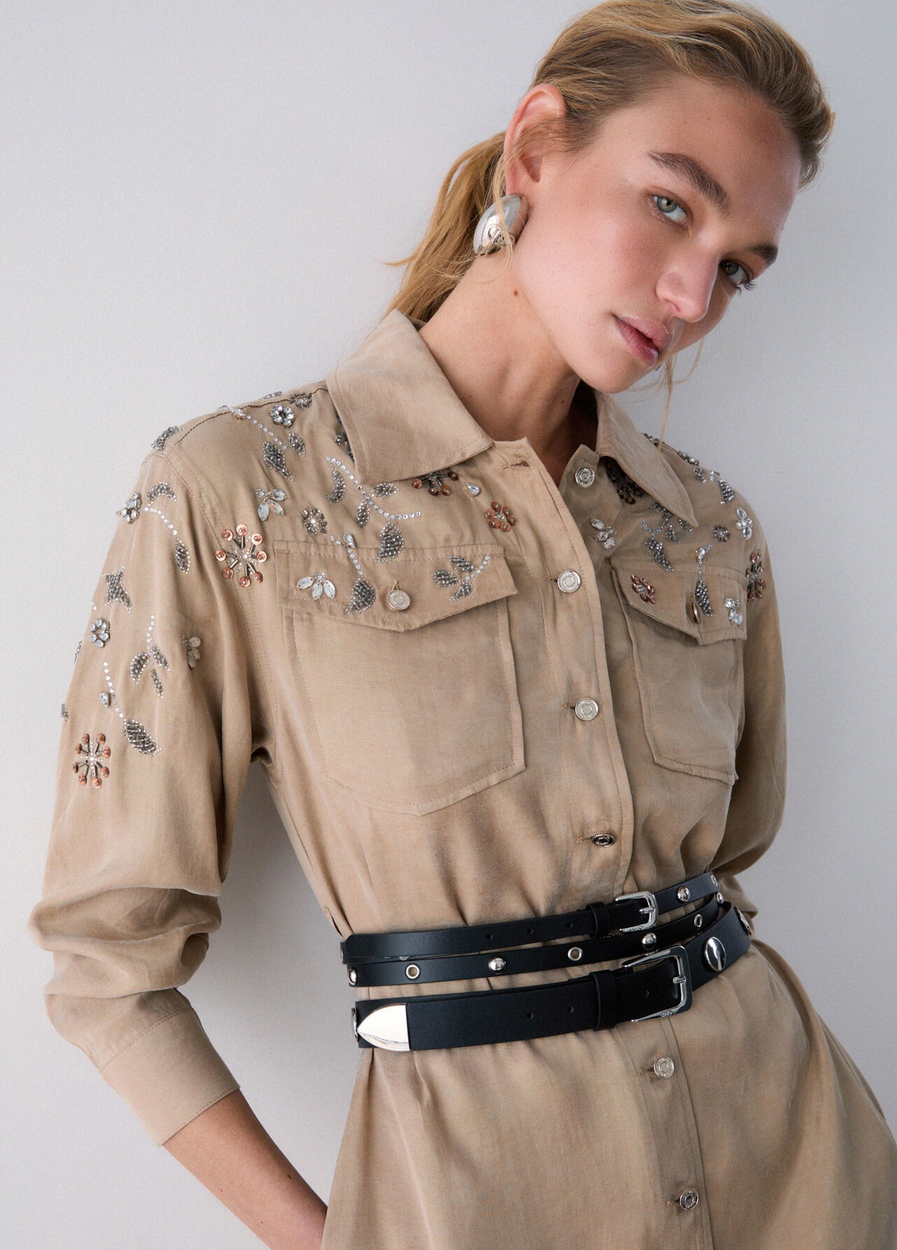 Vestido Camiseiro Comprido com Strass Bege - LIU JO 3
