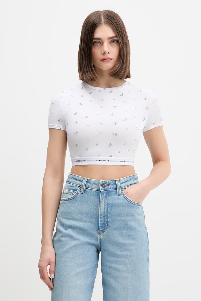 T-shirt Curta com Florzinhas Branco - Guess Jeans 1