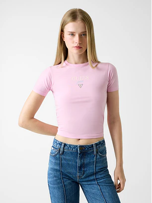 T-shirt Mini & Me Slim Curta Rosa - Guess Jeans 