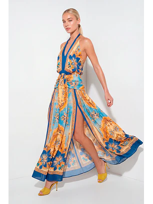 Vestido Comprido Estampado Azul - SAHOCO