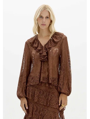 Blusa em Renda com Folho LAISE LYON Castanho - Lança Perfume 