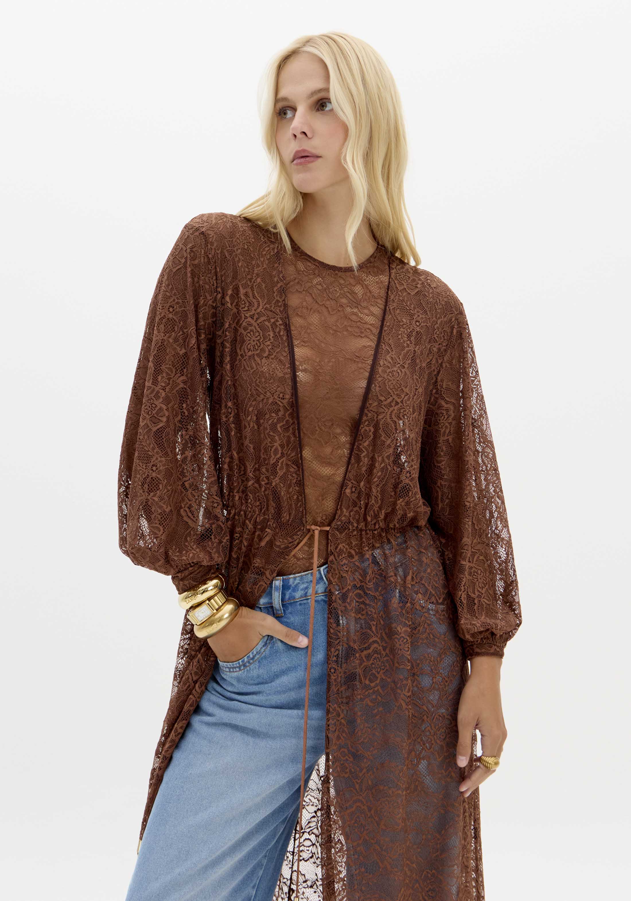 Kaftan em Renda LAISE LYON Castanho - Lança Perfume 4