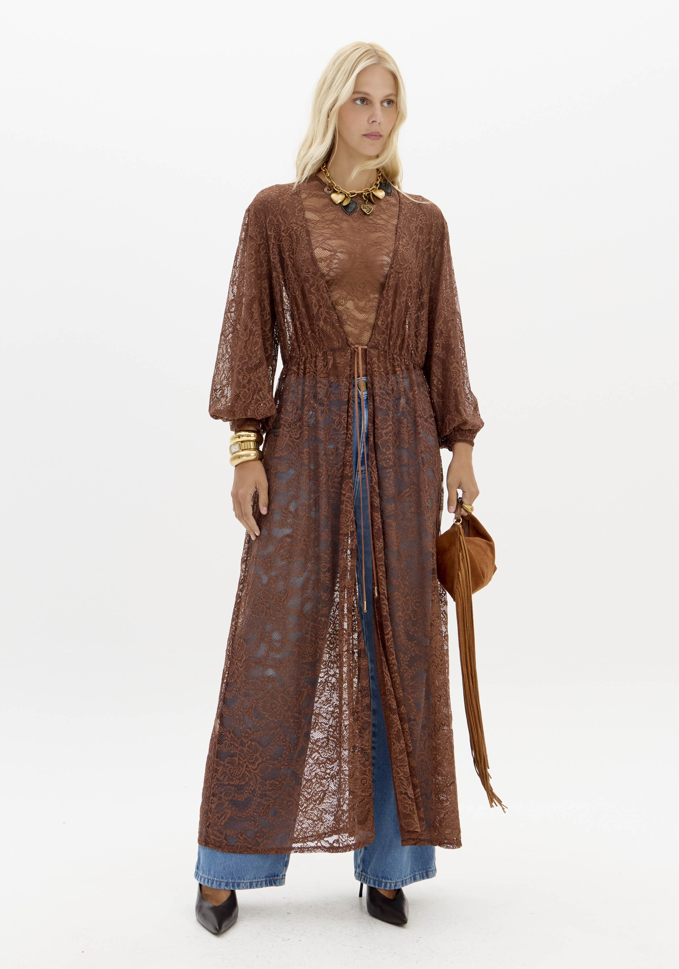 Kaftan em Renda LAISE LYON Castanho - Lança Perfume 1