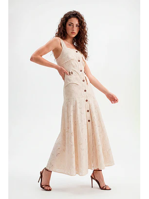 Vestido Celeste Bordado Inglês Bege - SAHOCO