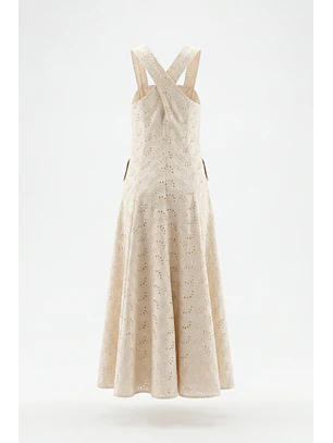 Vestido Celeste Bordado Inglês Bege - SAHOCO