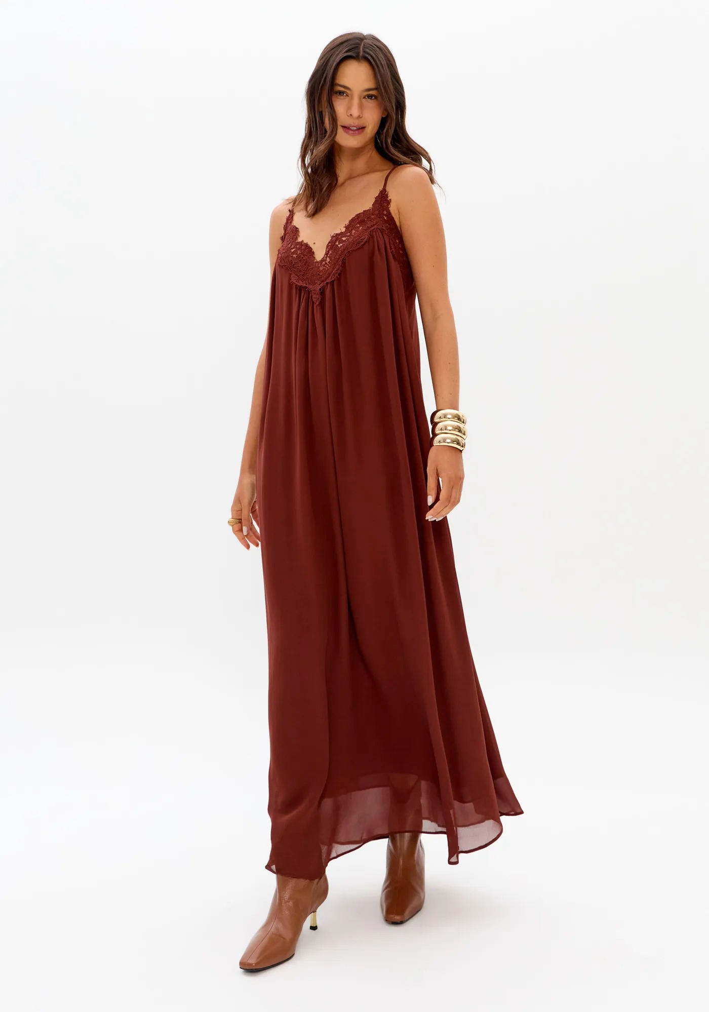 Vestido de Alças com Renda Castanho - Lança Perfume 1