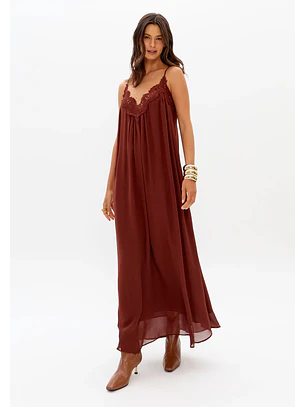 Vestido de Alças com Renda Castanho - Lança Perfume