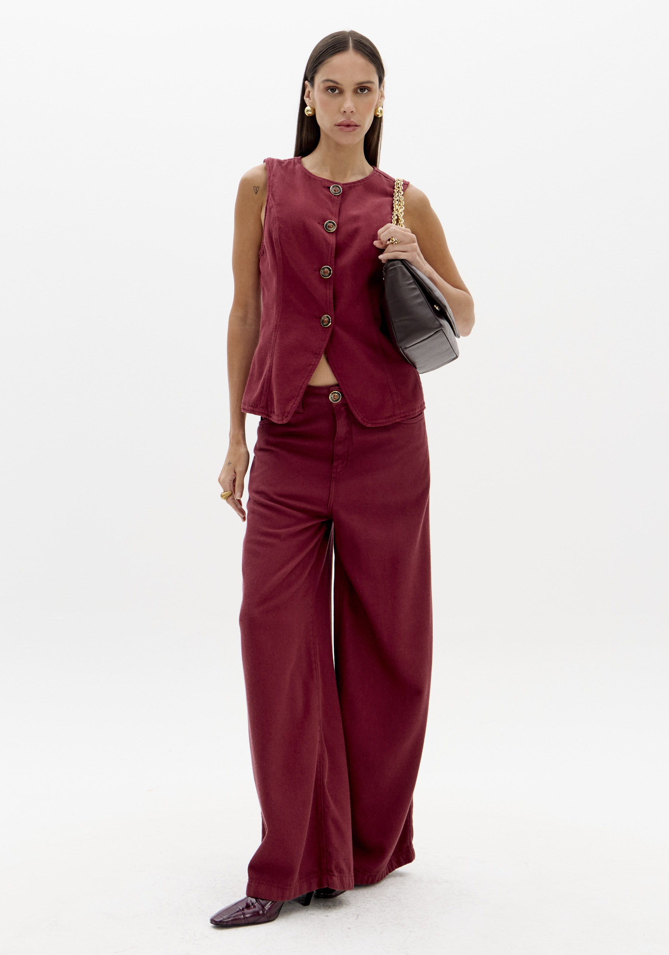 Calças em Sarja Wide Leg Bordeaux - Lança Perfume  2