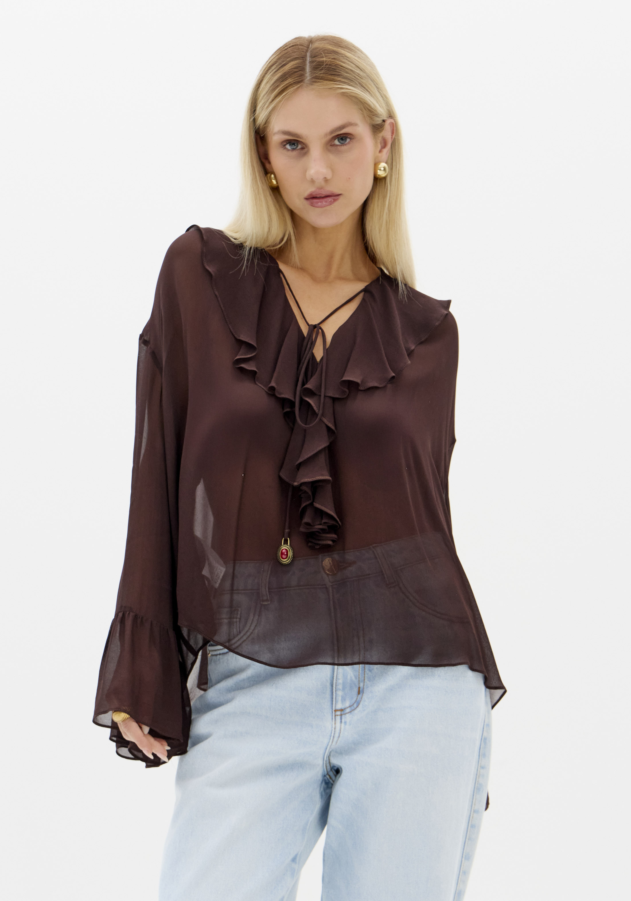 Blusa com Folho Castanho - Lança Perfume  1