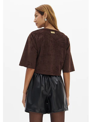 Blusa Manga Curta em Suede Castanho - Lança Perfume 