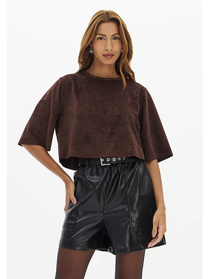 Blusa Manga Curta em Suede Castanho - Lança Perfume 