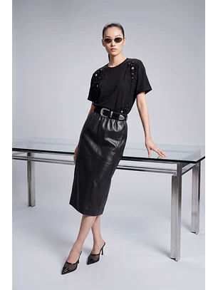 Saia Midi KIRA em Pele Preto - SAHOCO 