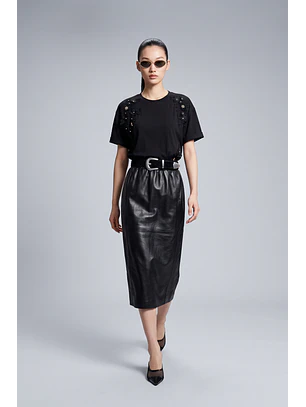 Saia Midi KIRA em Pele Preto - SAHOCO 
