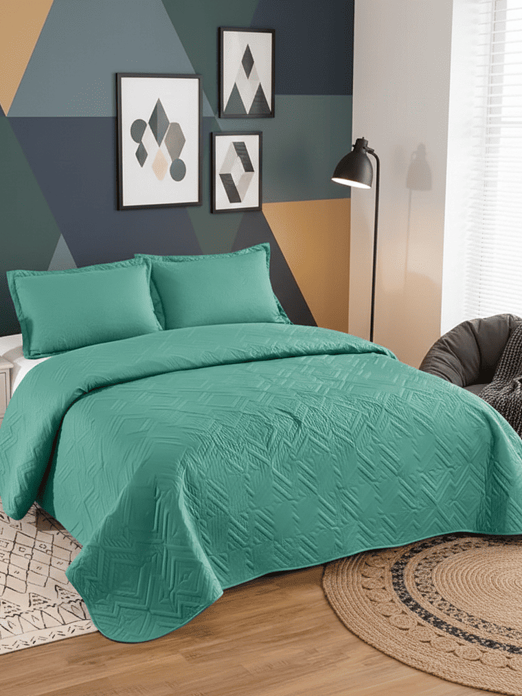 Cubrecama Quilt King Liso Texturizado  + 2Funda Almohada 5