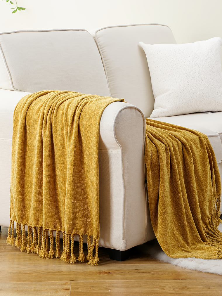 Luxury Chenille Throw Blanket, Plush Soft Fringe Trim No-Sew Edges, Cozy Chenille Fabric All-Season Bedspread-Style Couch Cover, for Sofa Bed & Home Decor, 50