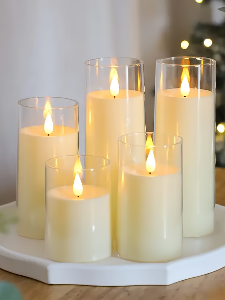 [Christmas Halloween] Halloween Christmas Decorations, Ivory Flameless Candles With Remote And Timer, 5pcs 1 AA Battery Operated Acrylic Flickering LED Pillar Candles For Romantic Ambiance And Home Ho 1